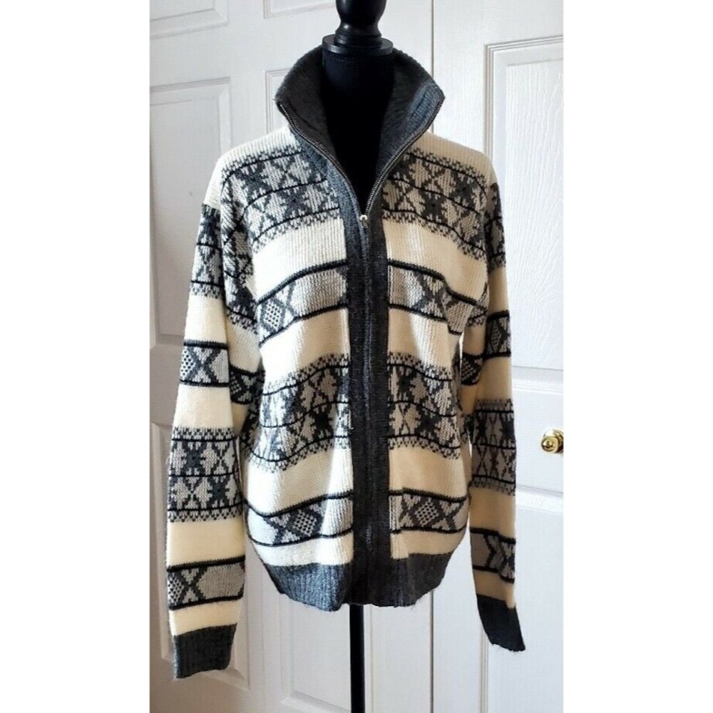 SPORTSWEAR by REVERE Full Zip Ivory Gray VTG Sweater Long Sleeve Knit Cardigan